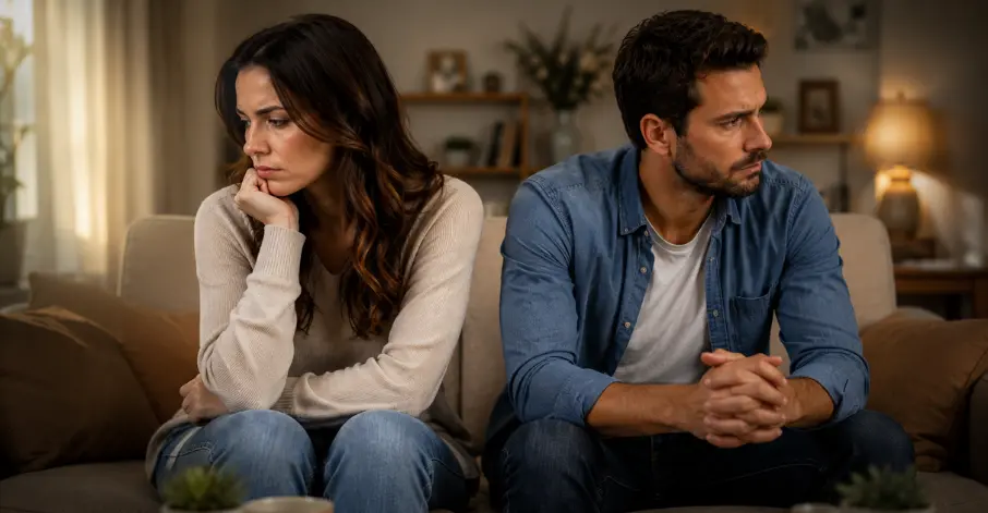 Married couple sitting together discussing relationship challenges and common marriage problems